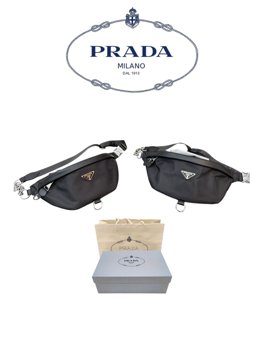 PRADA NYLON AND SAFFIANO LEATHER BELT BAG – SILVER / GOLD LOGO – FULL SET – 1:1 HIGH END