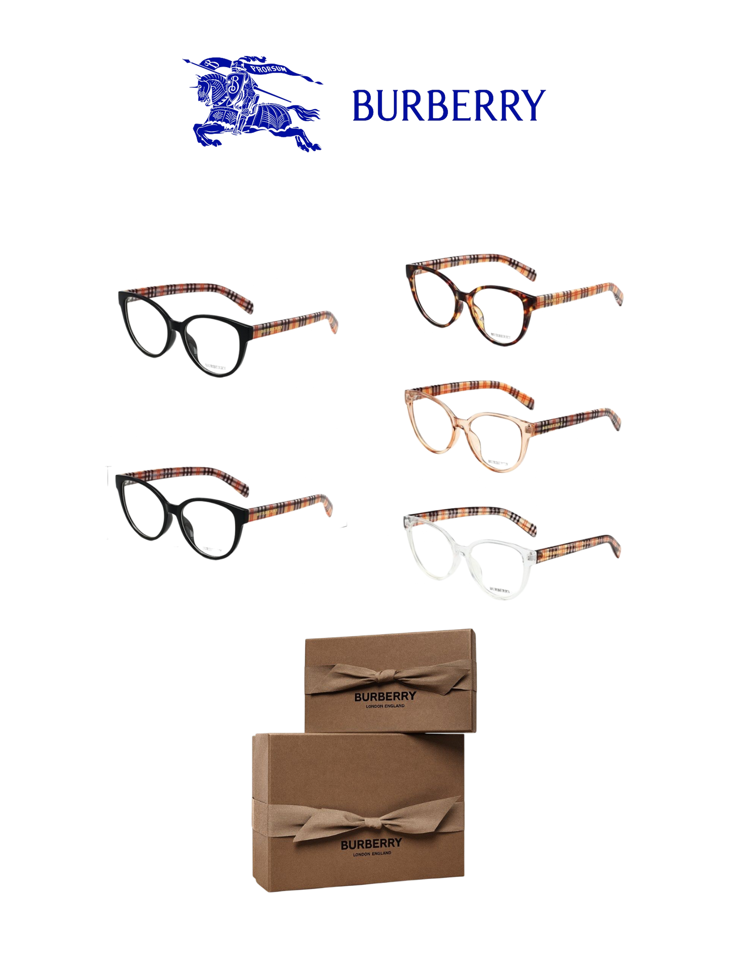 BURBERRY PLAID TEMPLE OPTICAL GLASSES – FULL SET – 1:1 HIGH END