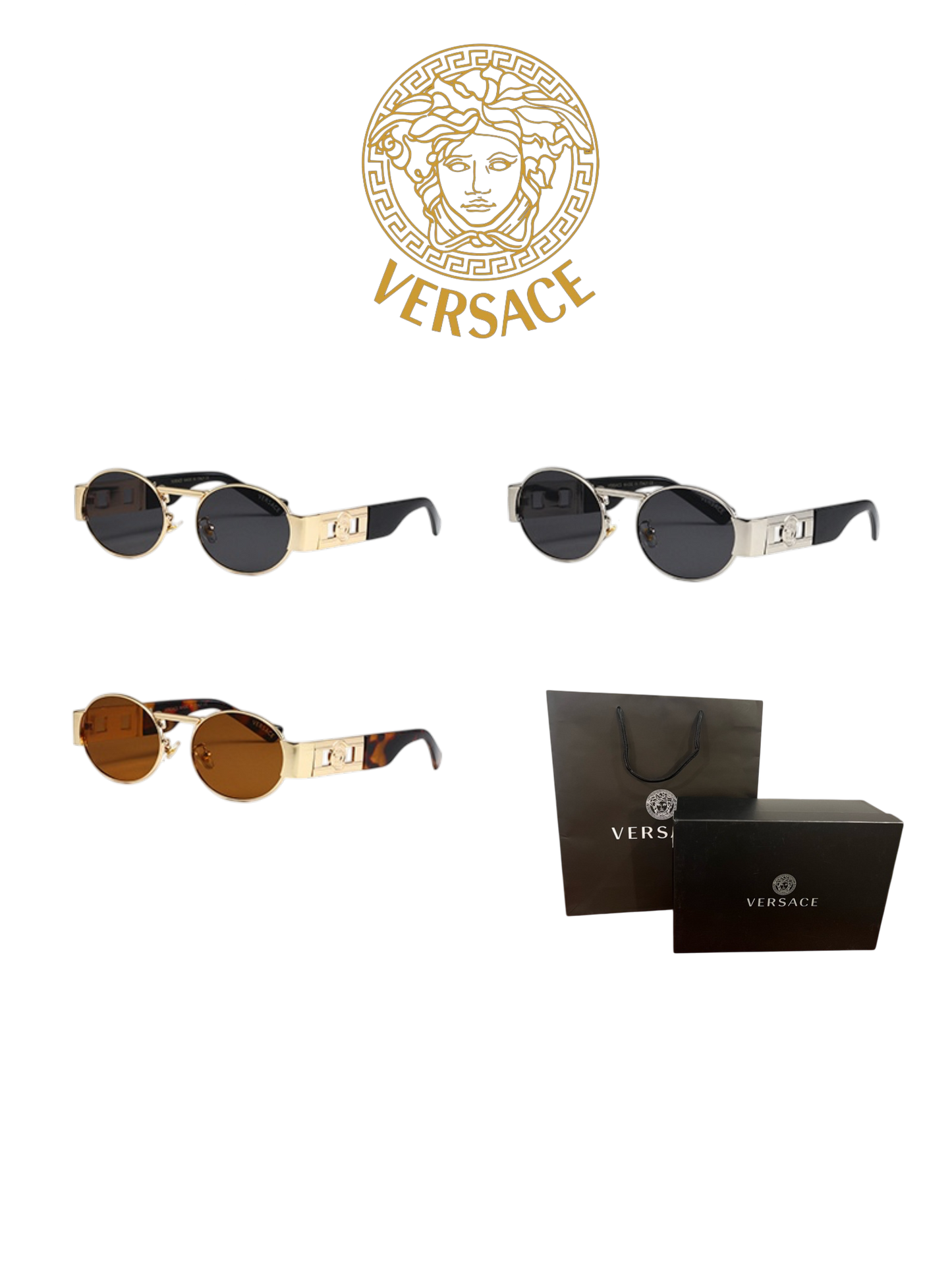 VERSACE NEW CLASSIC RETRO ROUND SUNGLASSES – FULL SET – 1:1 HIGH END