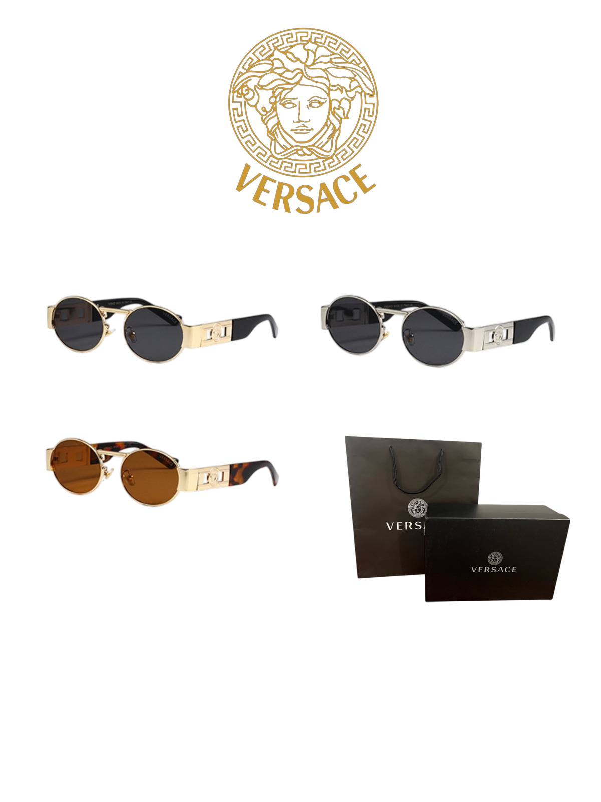 VERSACE NEW CLASSIC RETRO ROUND SUNGLASSES – FULL SET – 1:1 HIGH END