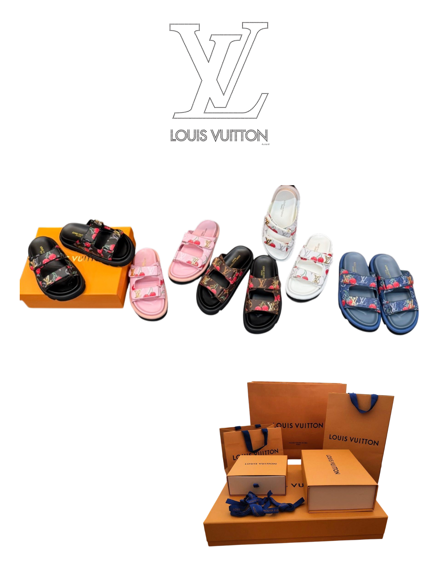 LOUIS VUITTON MONOGRAM CHERRY DOUBLE STRAP SLIDES – FULL SET – 1:1 HIGH END