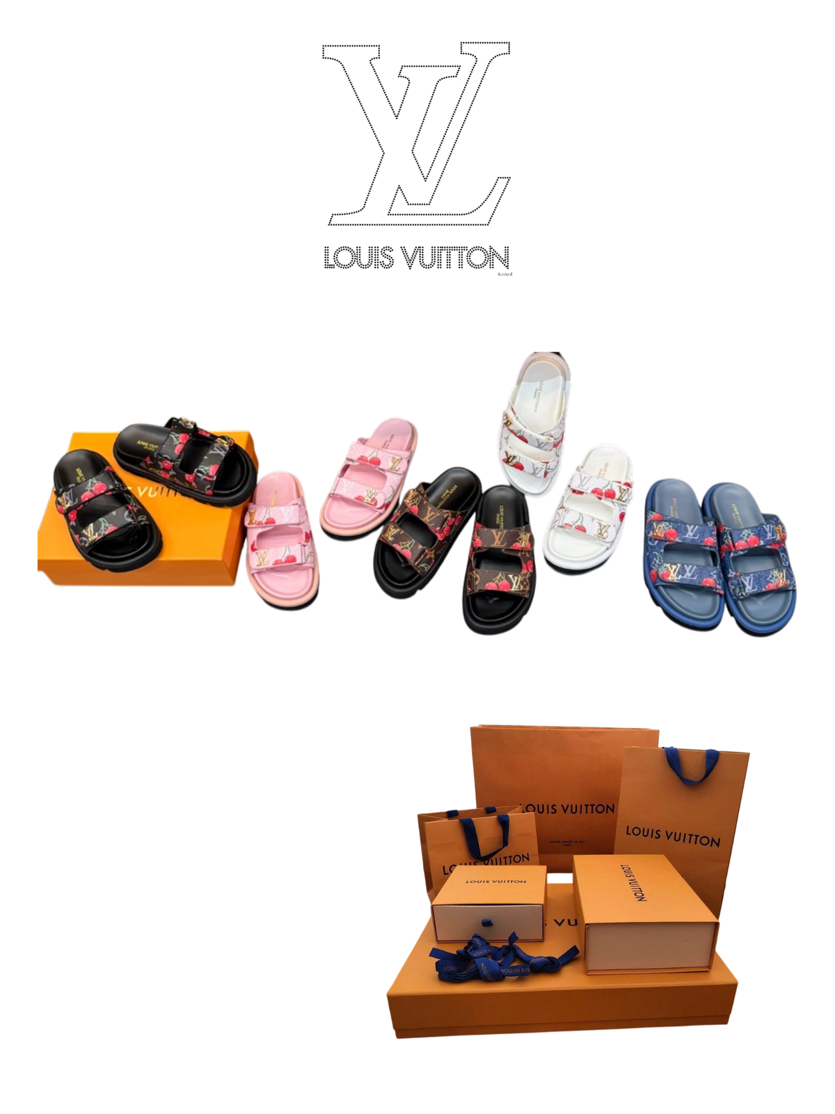 LOUIS VUITTON MONOGRAM CHERRY DOUBLE STRAP SLIDES – FULL SET – 1:1 HIGH END