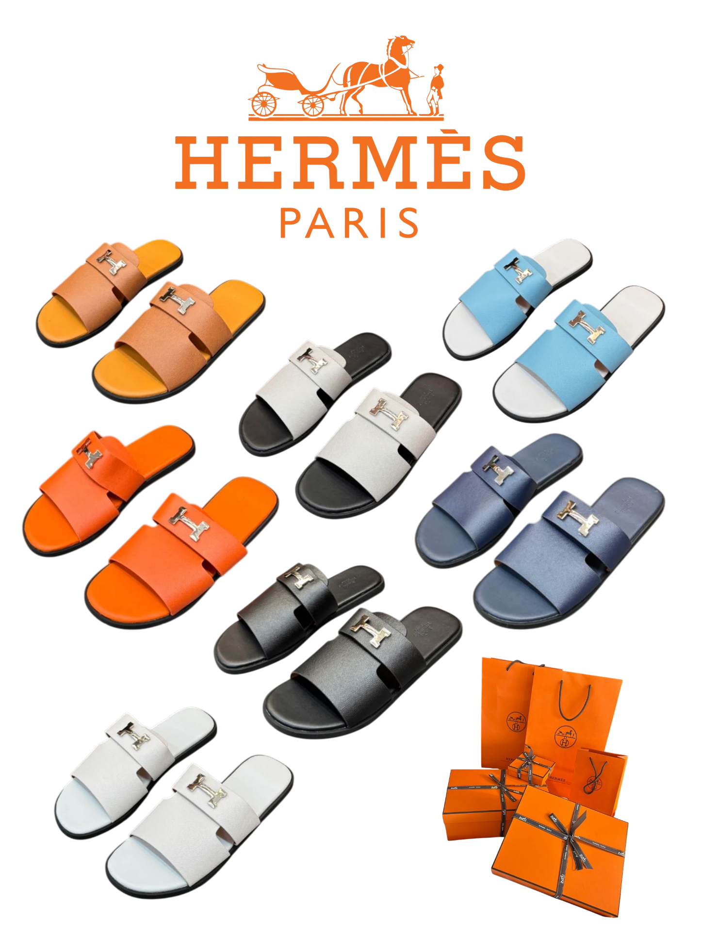 HERMÈS H LEATHER SLIDES – FULL SET – 1:1 HIGH END