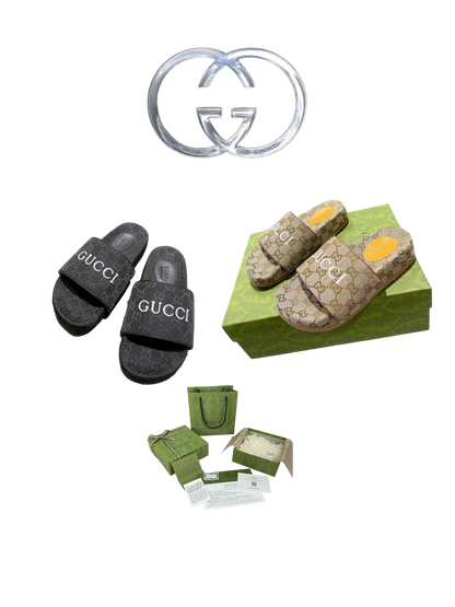 GUCCI GG CANVAS SLIDE SANDALS – BLACK – LOGO STRAP – FULL SET – 1:1 HIGH END