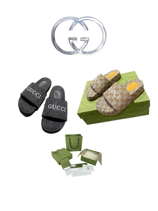 GUCCI GG CANVAS SLIDE SANDALS – BLACK – LOGO STRAP – FULL SET – 1:1 HIGH END