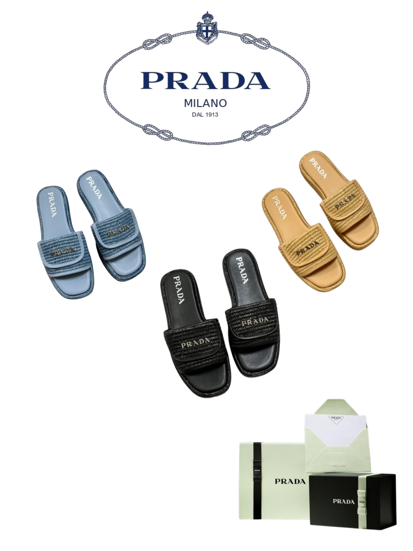 PRADA RAFFIA SLIDE SANDALS – FULL SET – 1:1 HIGH END