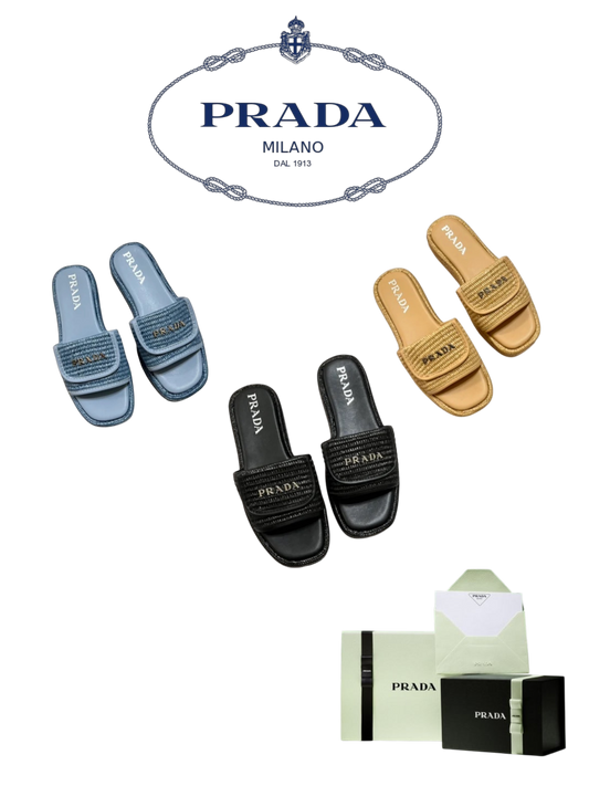 PRADA RAFFIA SLIDE SANDALS – FULL SET – 1:1 HIGH END