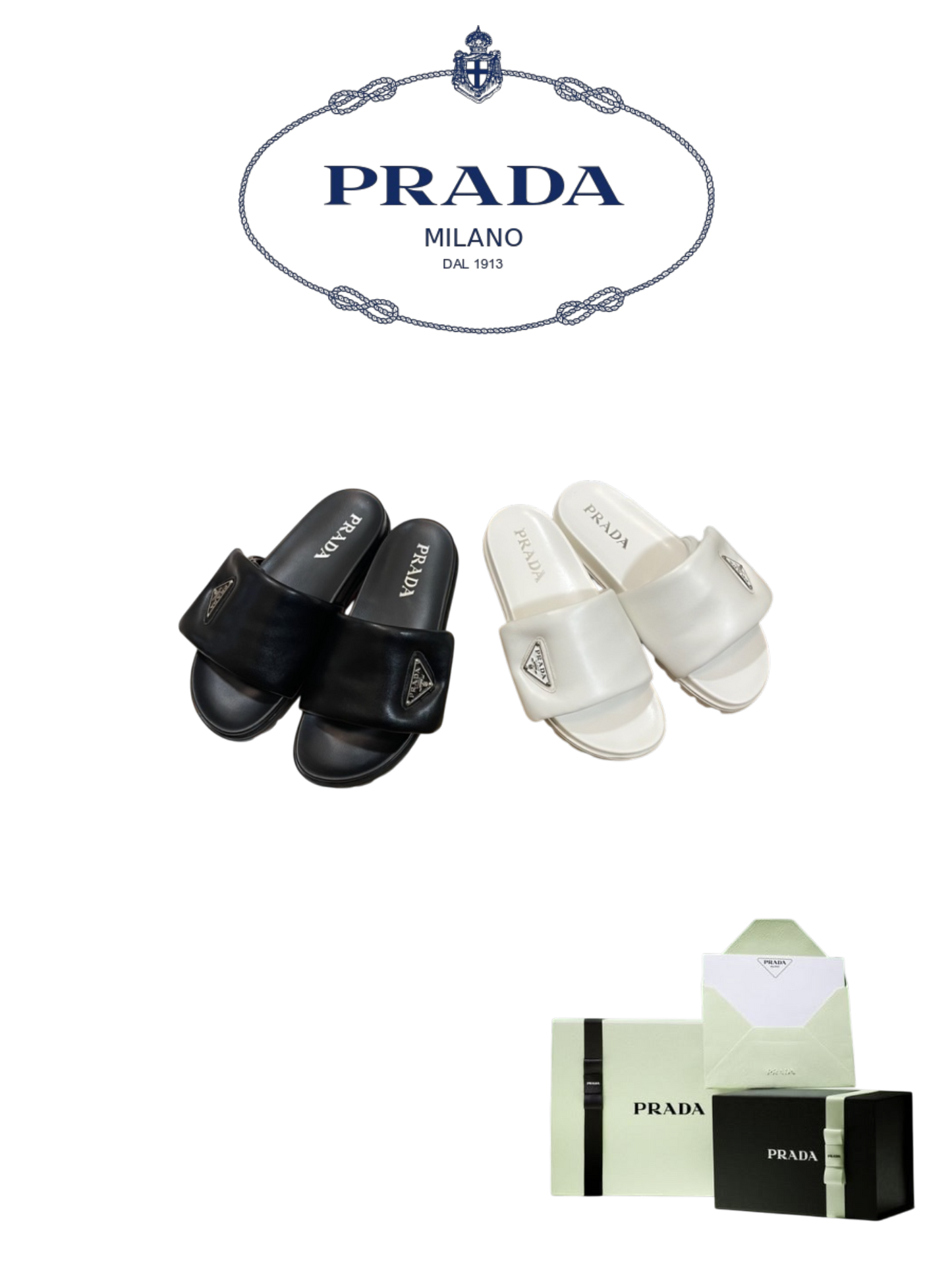 PRADA PADDED LEATHER SLIDE SANDALS – TRIANGLE LOGO – FULL SET – 1:1 HIGH END