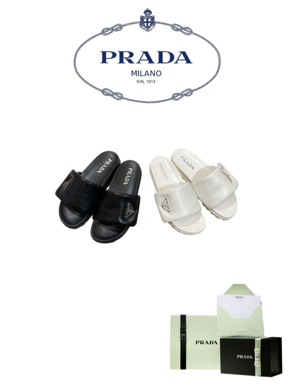 PRADA PADDED LEATHER SLIDE SANDALS – TRIANGLE LOGO – FULL SET – 1:1 HIGH END