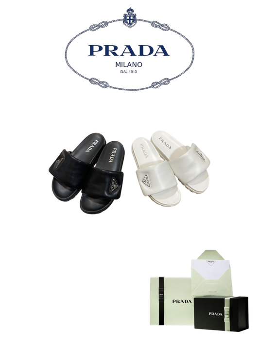 PRADA PADDED LEATHER SLIDE SANDALS – TRIANGLE LOGO – FULL SET – 1:1 HIGH END