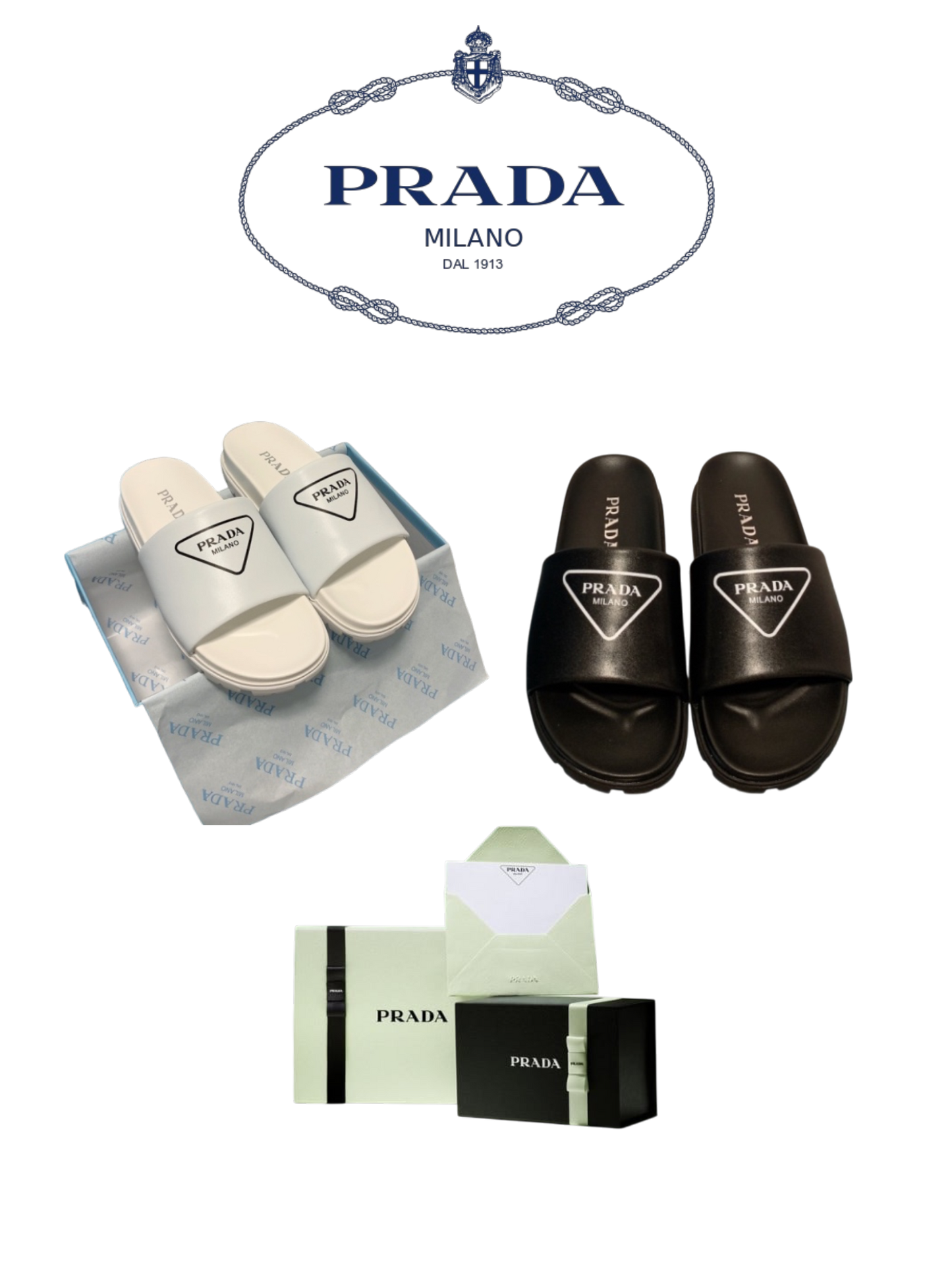 PRADA PADDED LEATHER SLIDE SANDALS – TRIANGLE LOGO – FULL SET – 1:1 HIGH END