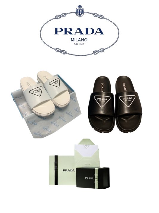 PRADA PADDED LEATHER SLIDE SANDALS – TRIANGLE LOGO – FULL SET – 1:1 HIGH END