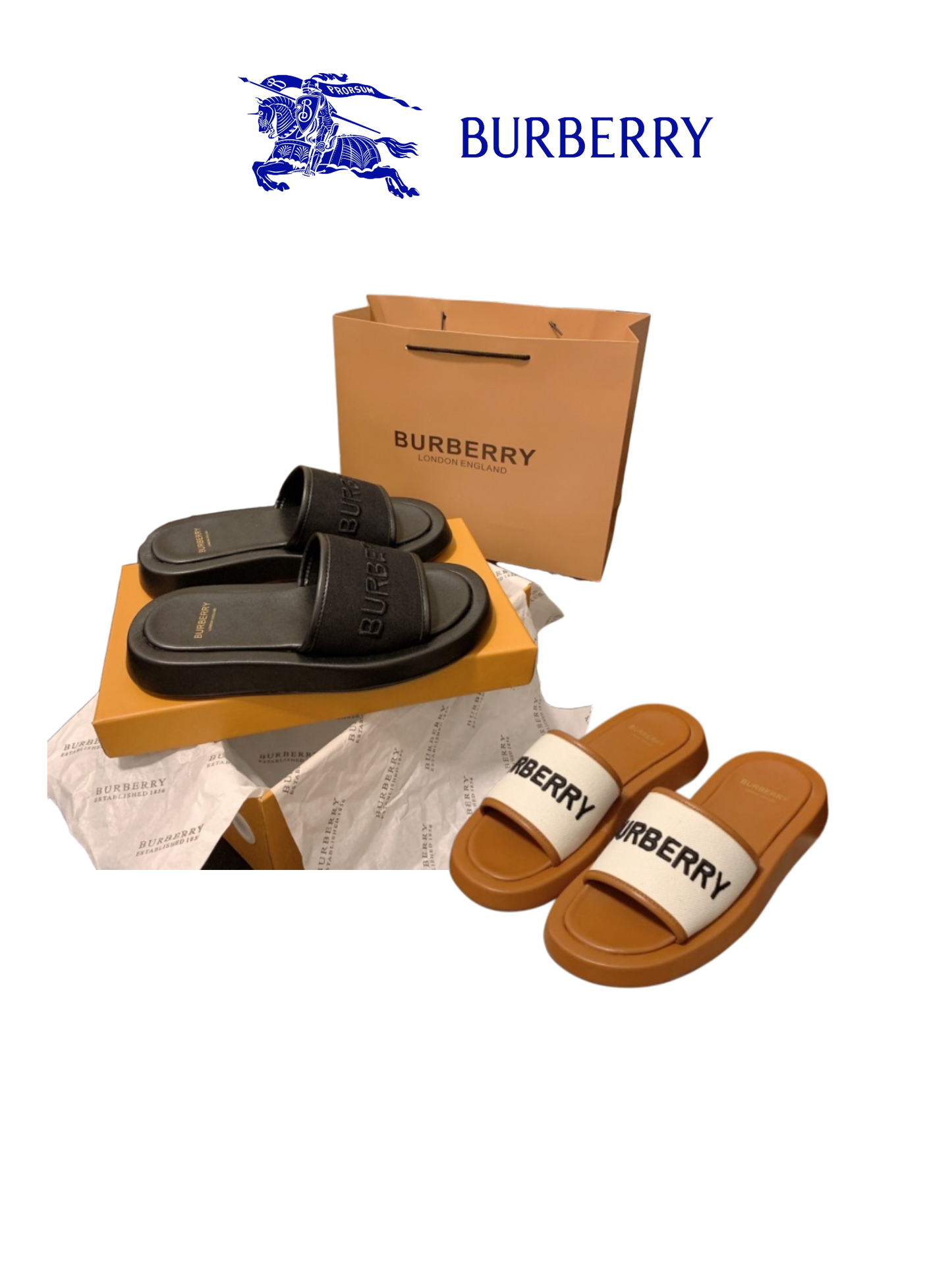 BURBERRY LOGO SLIDE SANDALS – EMBROIDERED LOGO – FULL SET – 1:1 HIGH END