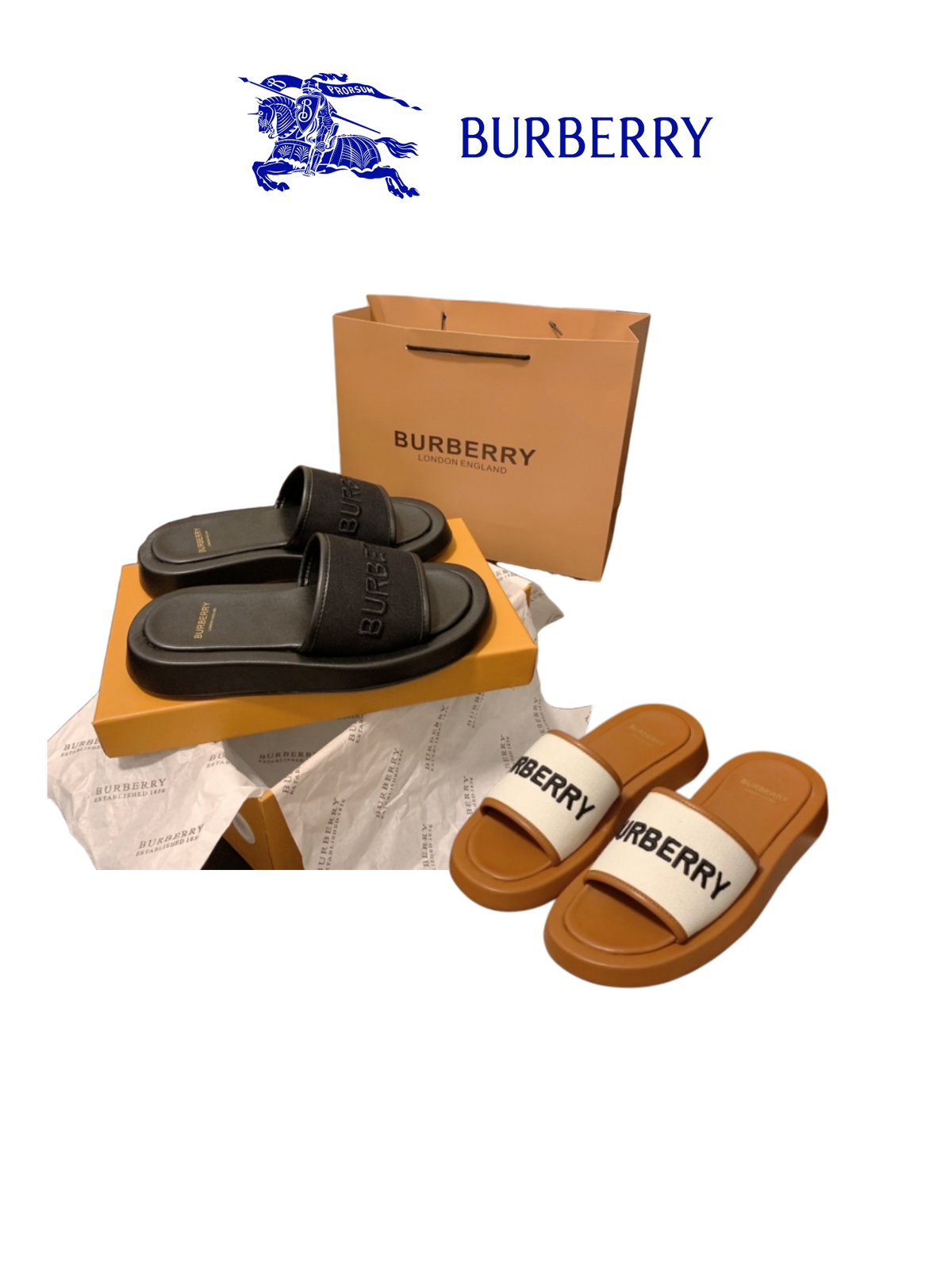 BURBERRY LOGO SLIDE SANDALS – EMBROIDERED LOGO – FULL SET – 1:1 HIGH END