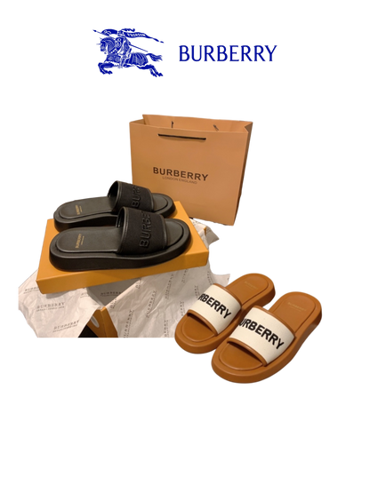 BURBERRY LOGO SLIDE SANDALS – EMBROIDERED LOGO – FULL SET – 1:1 HIGH END