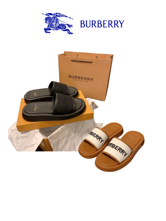 BURBERRY LOGO SLIDE SANDALS – EMBROIDERED LOGO – FULL SET – 1:1 HIGH END