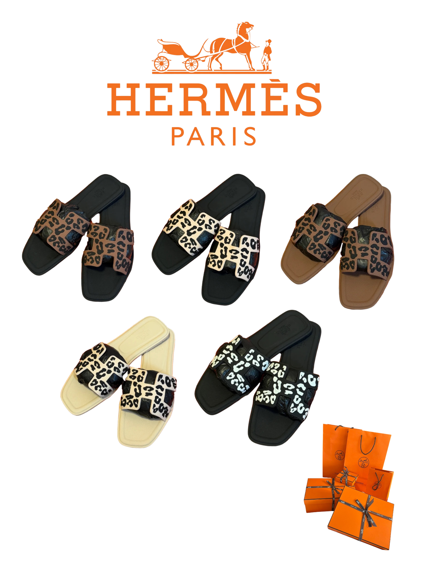 HERMÈS ORAN LEOPARD SLIDE SANDALS –  ICONIC H CUT-OUT – FULL SET – 1:1 HIGH END