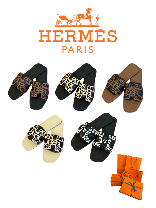 HERMÈS ORAN LEOPARD SLIDE SANDALS –  ICONIC H CUT-OUT – FULL SET – 1:1 HIGH END