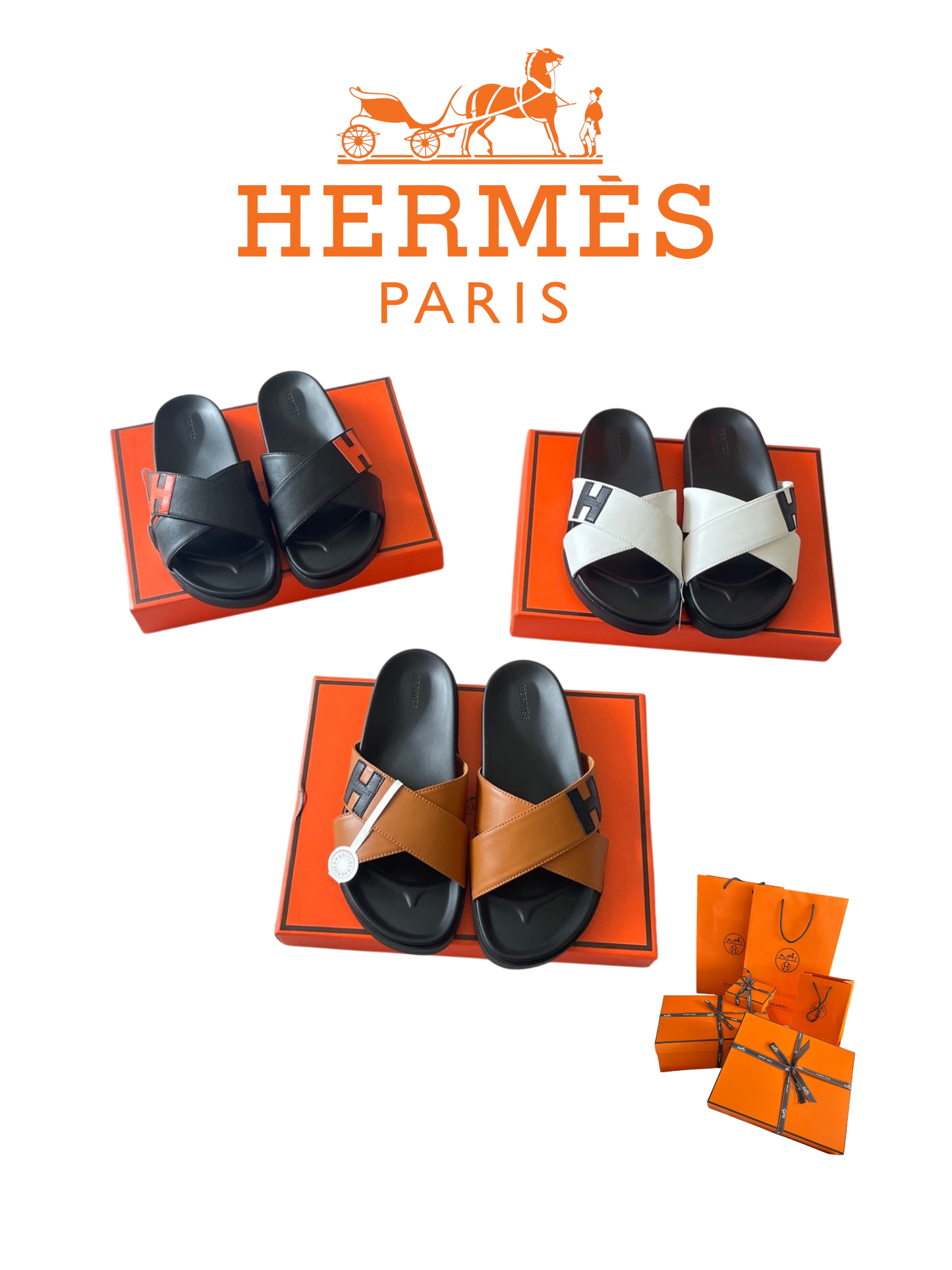 HERMÈS CROSS STRAP SLIDE SANDALS – ICONIC H DETAIL – FULL SET – 1:1 HIGH END