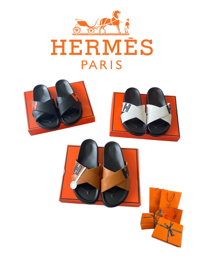 HERMÈS CROSS STRAP SLIDE SANDALS – ICONIC H DETAIL – FULL SET – 1:1 HIGH END