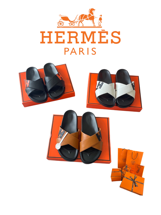 HERMÈS CROSS STRAP SLIDE SANDALS – ICONIC H DETAIL – FULL SET – 1:1 HIGH END