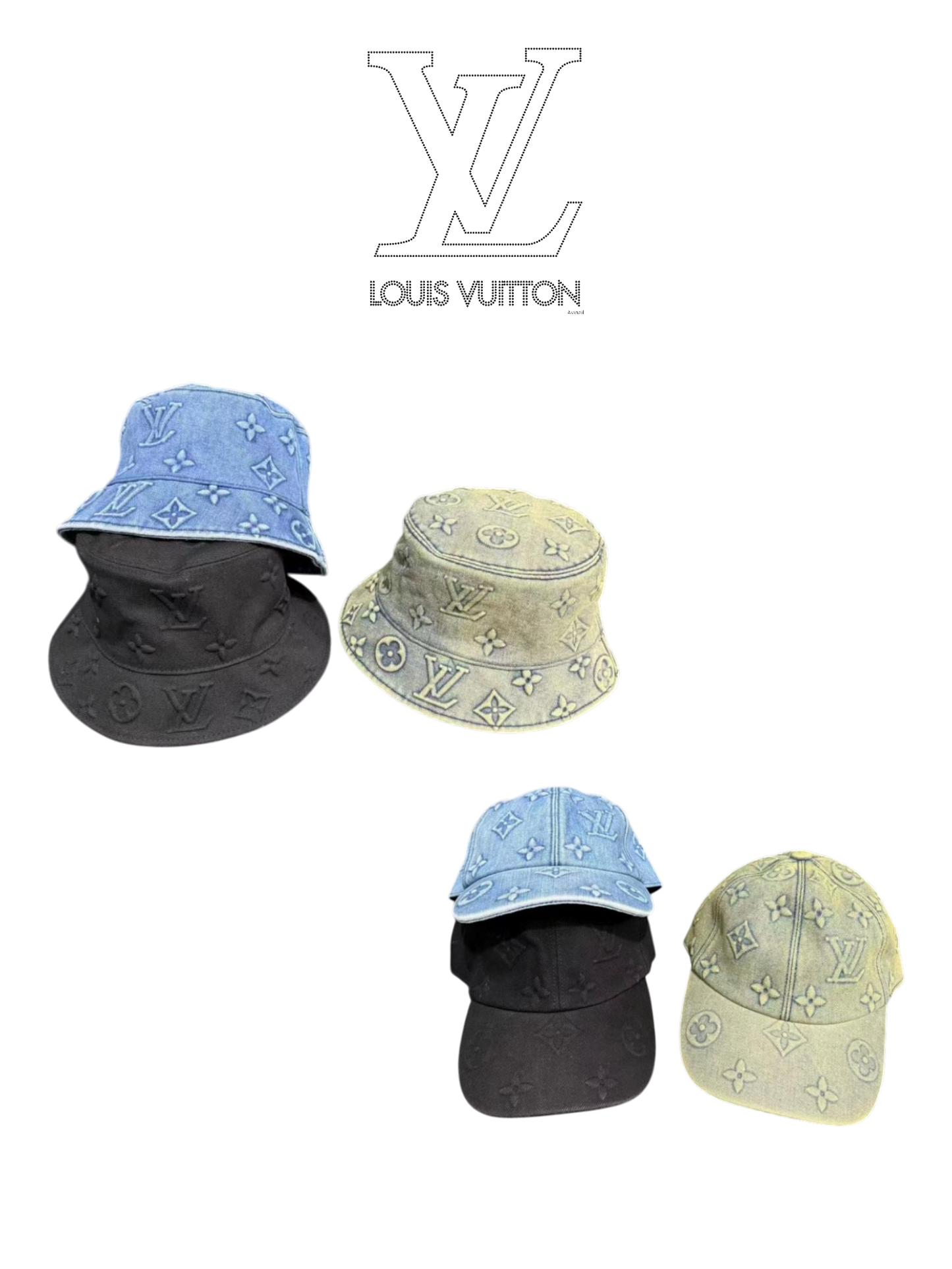 LOUIS VUITTON MONOGRAM WASHED DENIM HAT COLLECTION – BASEBALL CAP & BUCKET HAT – GREEN / JEANS / BLACK – 1:1 HIGH END