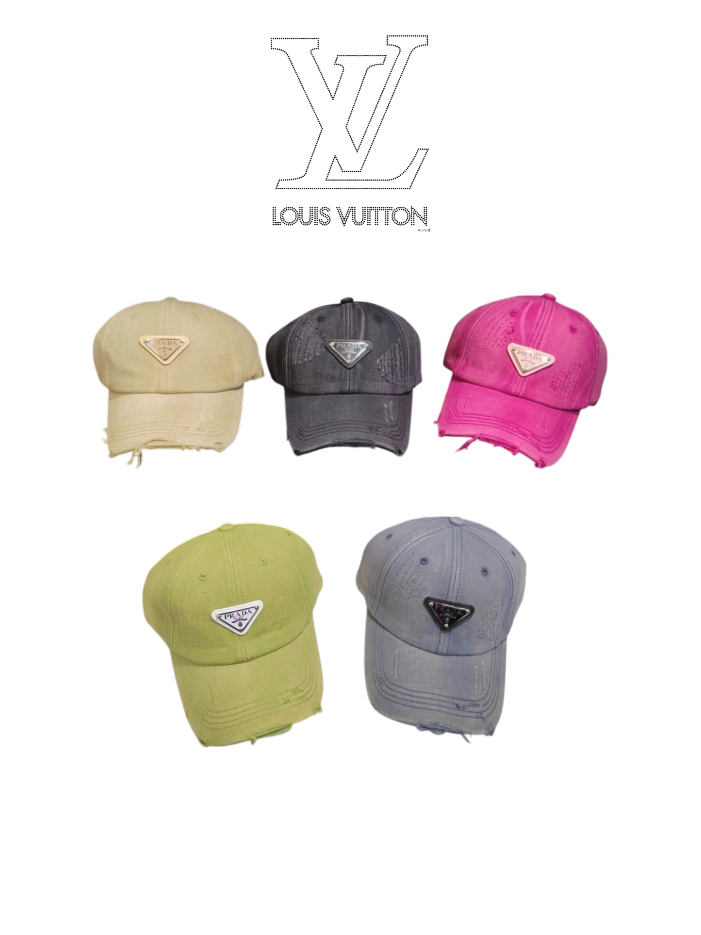 PRADA DISTRESSED DENIM BASEBALL CAP – BLACK / BEIGE / GRAY / PINK / GREEN – 1:1 HIGH END