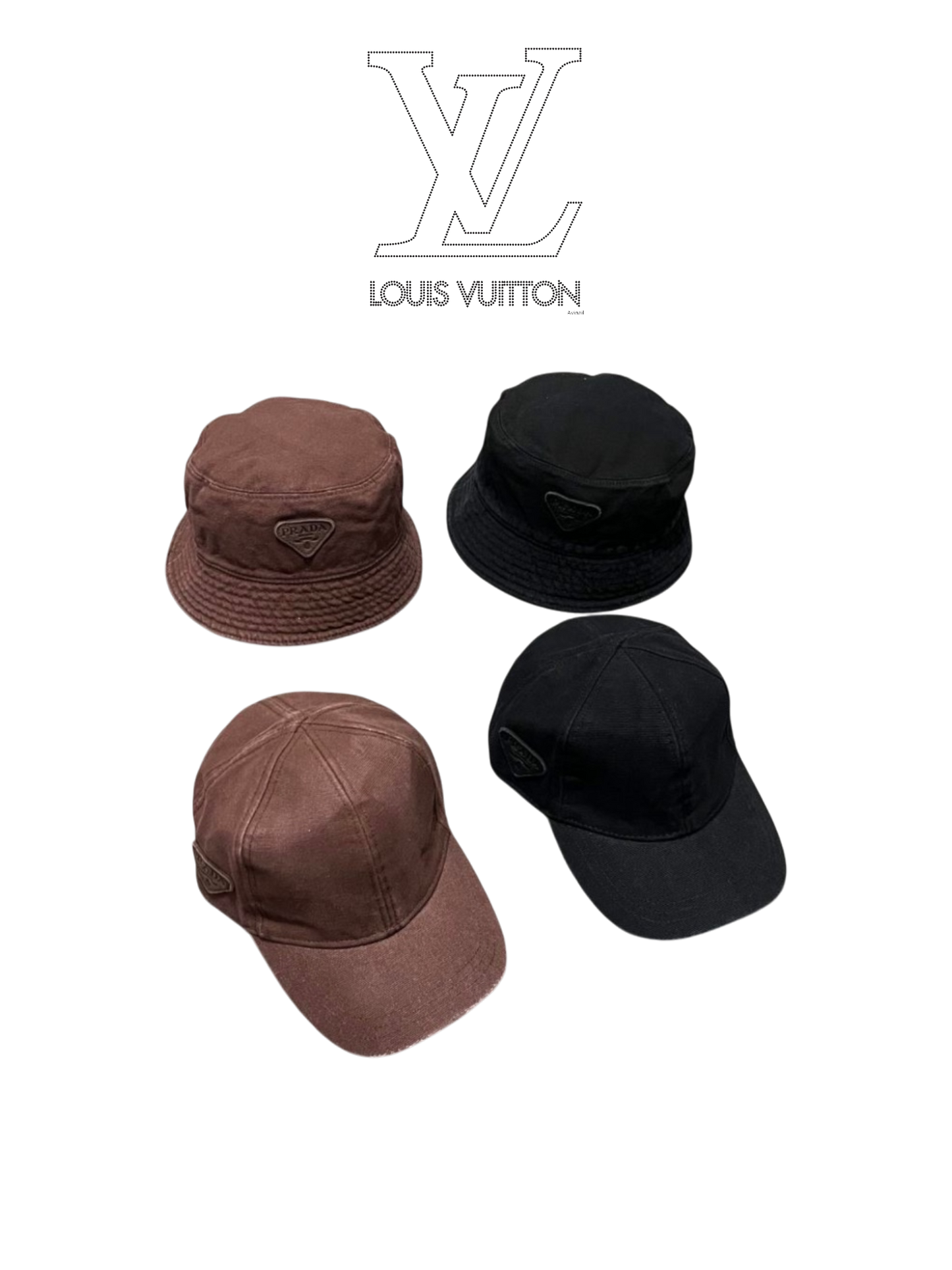 PRADA WASHED DENIM EMBROIDERED LOGO HEADWEAR – BASEBALL CAP & BUCKET HAT – COCOA BROWN / WASHED BLACK – 1:1 HIGH END