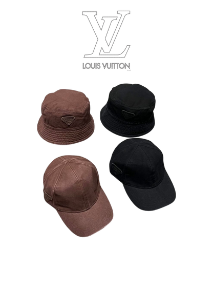 PRADA WASHED DENIM EMBROIDERED LOGO HEADWEAR – BASEBALL CAP & BUCKET HAT – COCOA BROWN / WASHED BLACK – 1:1 HIGH END