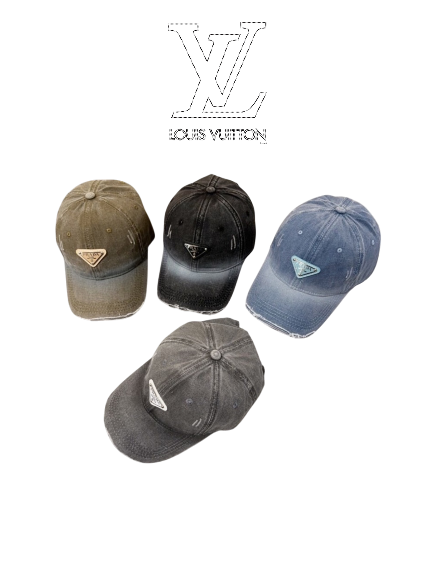 PRADA DISTRESSED DENIM TRIANGLE LOGO BASEBALL CAP – OLIVE / BLACK / BLUE / GREY – 1:1 HIGH END