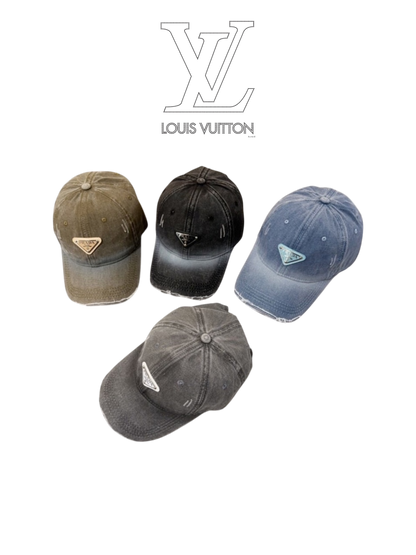 PRADA DISTRESSED DENIM TRIANGLE LOGO BASEBALL CAP – OLIVE / BLACK / BLUE / GREY – 1:1 HIGH END
