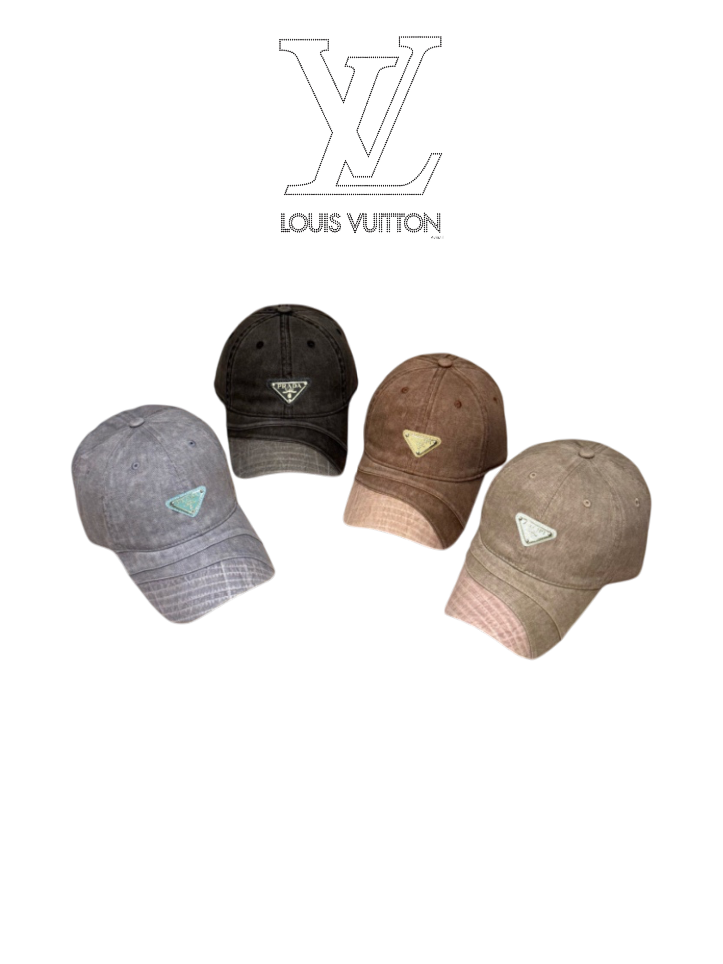 PRADA DISTRESSED DENIM TRIANGLE LOGO BASEBALL CAP – BLACK / BROWN / GREY / TAUPE – 1:1 HIGH END