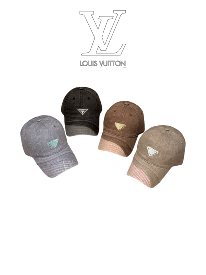 PRADA DISTRESSED DENIM TRIANGLE LOGO BASEBALL CAP – BLACK / BROWN / GREY / TAUPE – 1:1 HIGH END