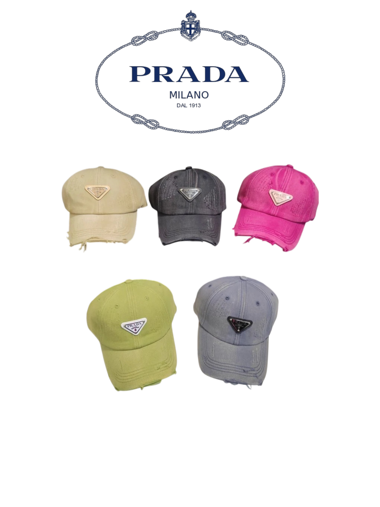 PRADA DISTRESSED DENIM BASEBALL CAP – BLACK / BEIGE / GRAY / PINK / GREEN – 1:1 HIGH END