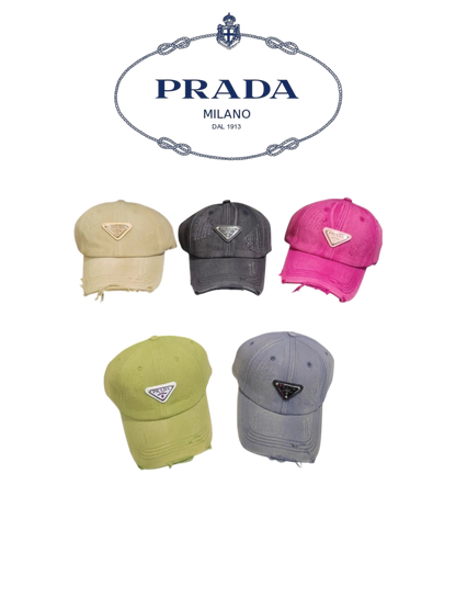 PRADA DISTRESSED DENIM BASEBALL CAP – BLACK / BEIGE / GRAY / PINK / GREEN – 1:1 HIGH END
