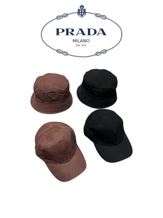 PRADA WASHED DENIM EMBROIDERED LOGO HEADWEAR – BASEBALL CAP & BUCKET HAT – COCOA BROWN / WASHED BLACK – 1:1 HIGH END