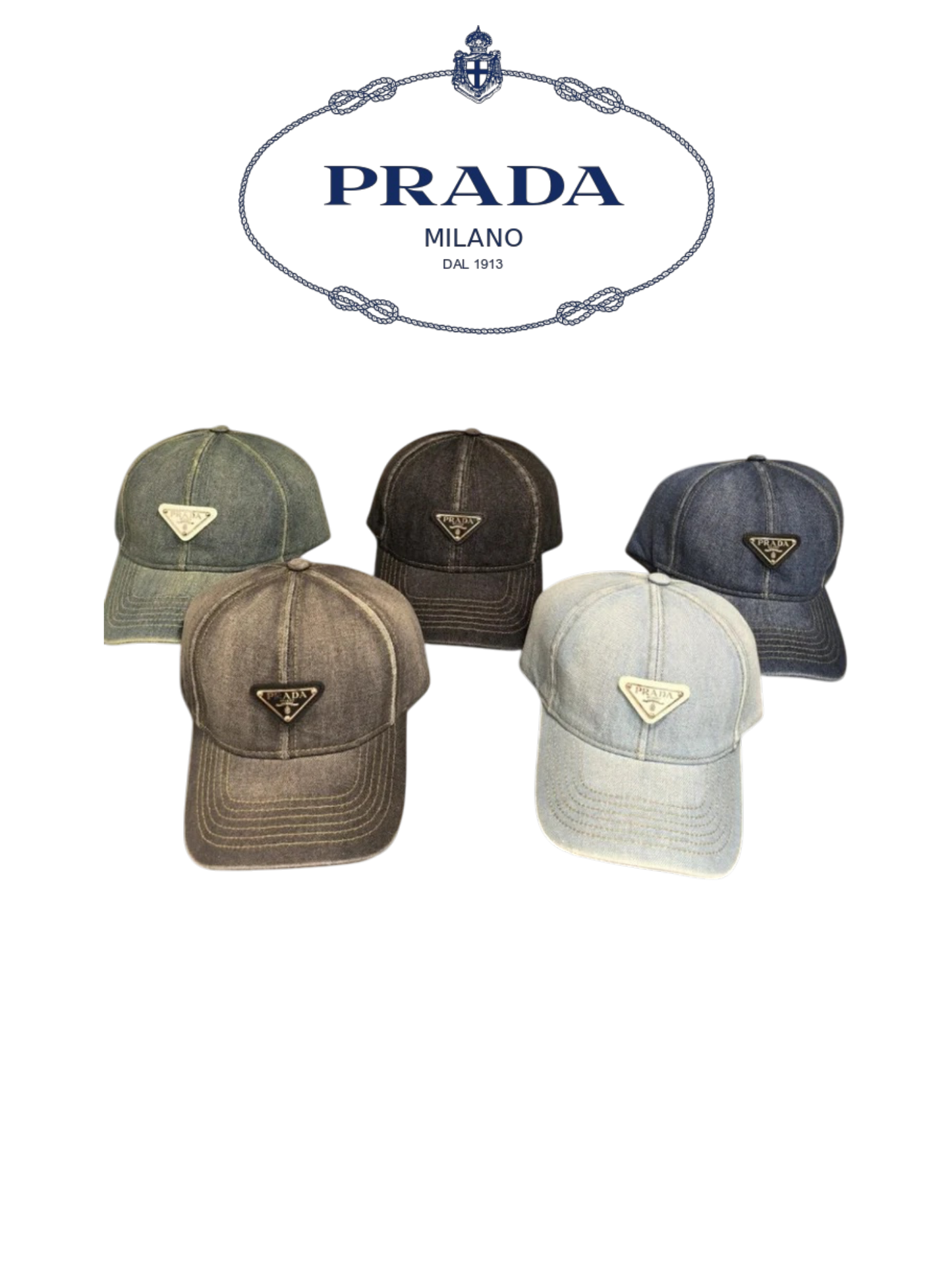 PRADA ORGANIC DENIM BASEBALL CAP – LIGHT GREENISH BLUE / DARK GREY BLACK / INDIGO / GREY / LIGHT WASHED BLUE – 1:1 HIGH END