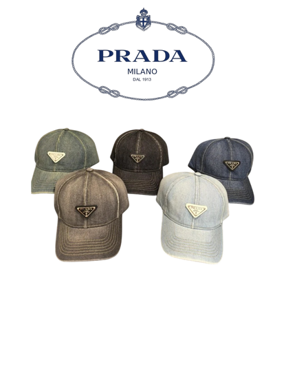 PRADA ORGANIC DENIM BASEBALL CAP – LIGHT GREENISH BLUE / DARK GREY BLACK / INDIGO / GREY / LIGHT WASHED BLUE – 1:1 HIGH END