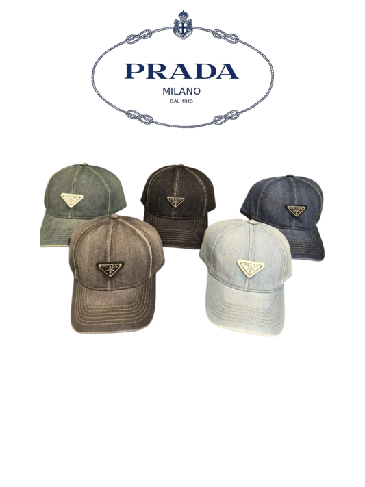 PRADA ORGANIC DENIM BASEBALL CAP – LIGHT GREENISH BLUE / DARK GREY BLACK / INDIGO / GREY / LIGHT WASHED BLUE – 1:1 HIGH END