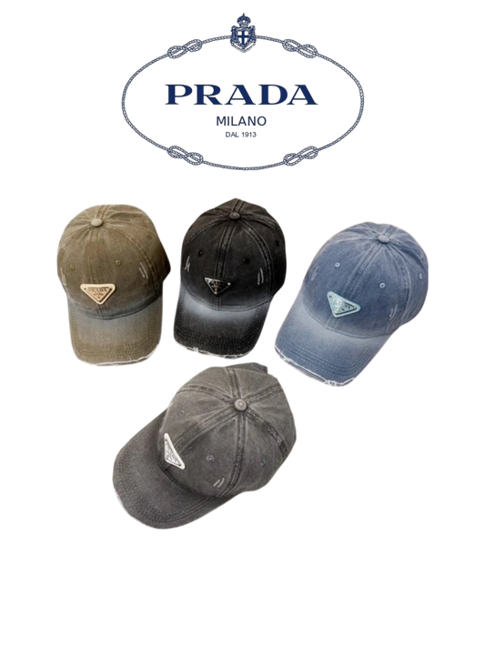 PRADA DISTRESSED DENIM TRIANGLE LOGO BASEBALL CAP – OLIVE / BLACK / BLUE / GREY – 1:1 HIGH END