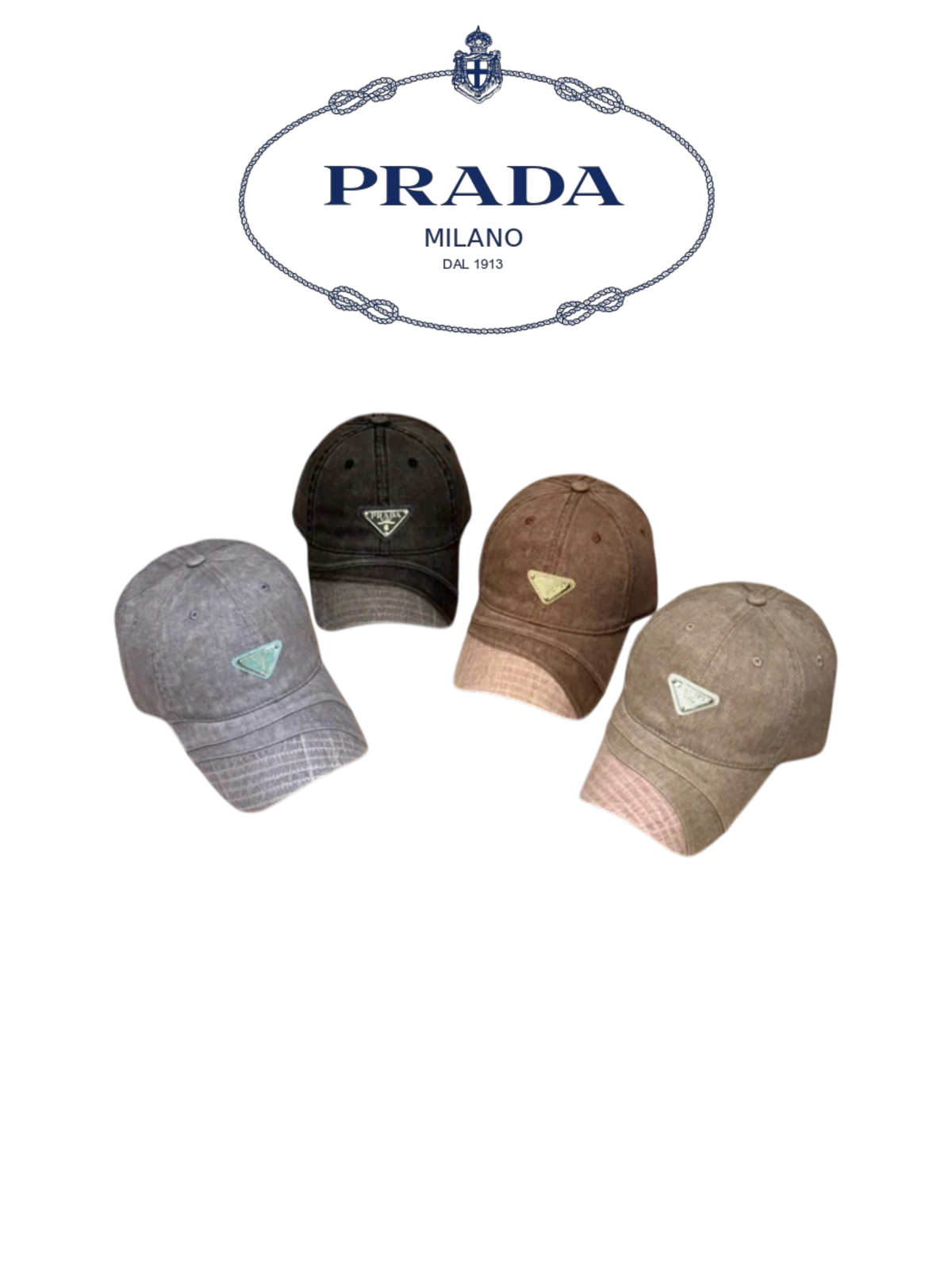 PRADA DISTRESSED DENIM TRIANGLE LOGO BASEBALL CAP – BLACK / BROWN / GREY / TAUPE – 1:1 HIGH END