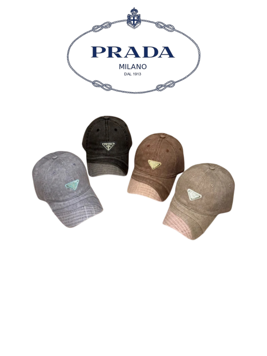 PRADA DISTRESSED DENIM TRIANGLE LOGO BASEBALL CAP – BLACK / BROWN / GREY / TAUPE – 1:1 HIGH END