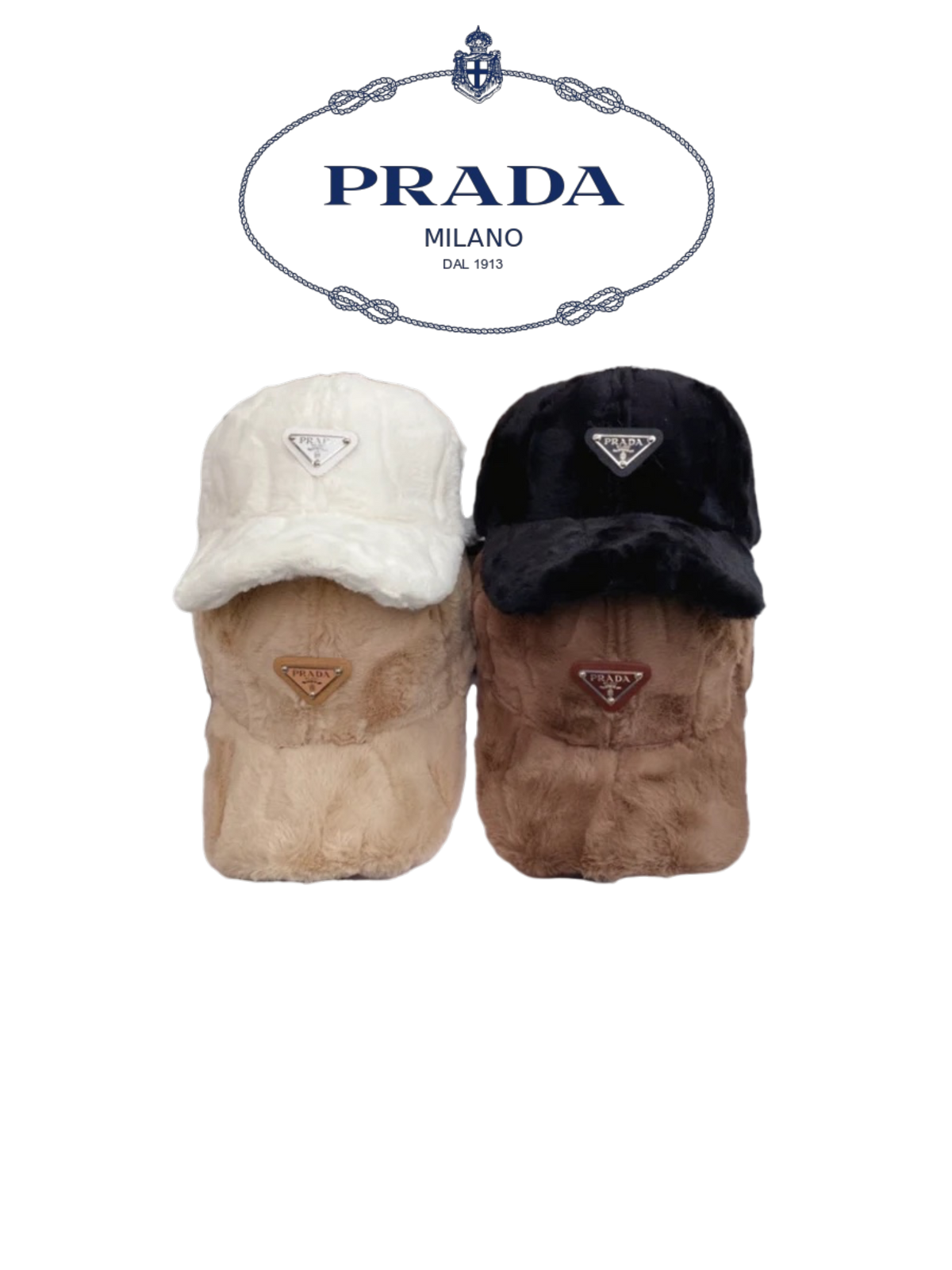 PRADA FUR TRIANGLE LOGO BASEBALL CAP – WHITE / BLACK / BEIGE / BROWN – 1:1 HIGH END