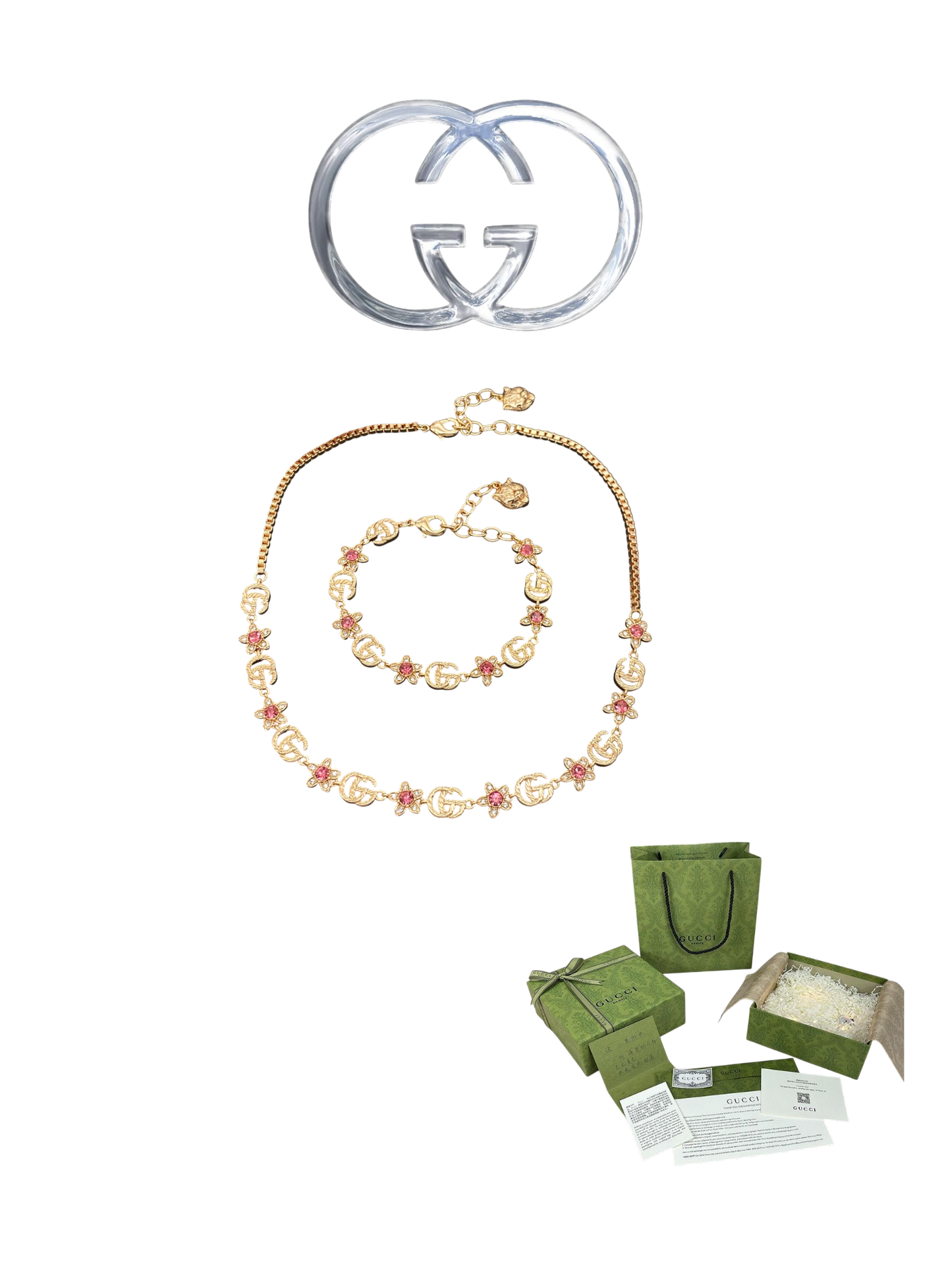 GUCCI GG FLORAL CRYSTAL NECKLACE & BRACELET SET – FULL SET – 1:1 HIGH END