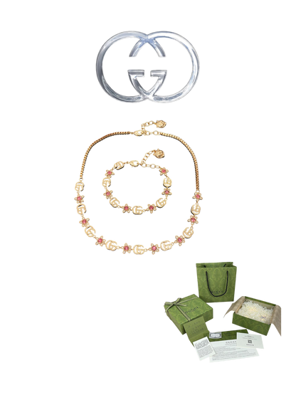 GUCCI GG FLORAL CRYSTAL NECKLACE & BRACELET SET – FULL SET – 1:1 HIGH END