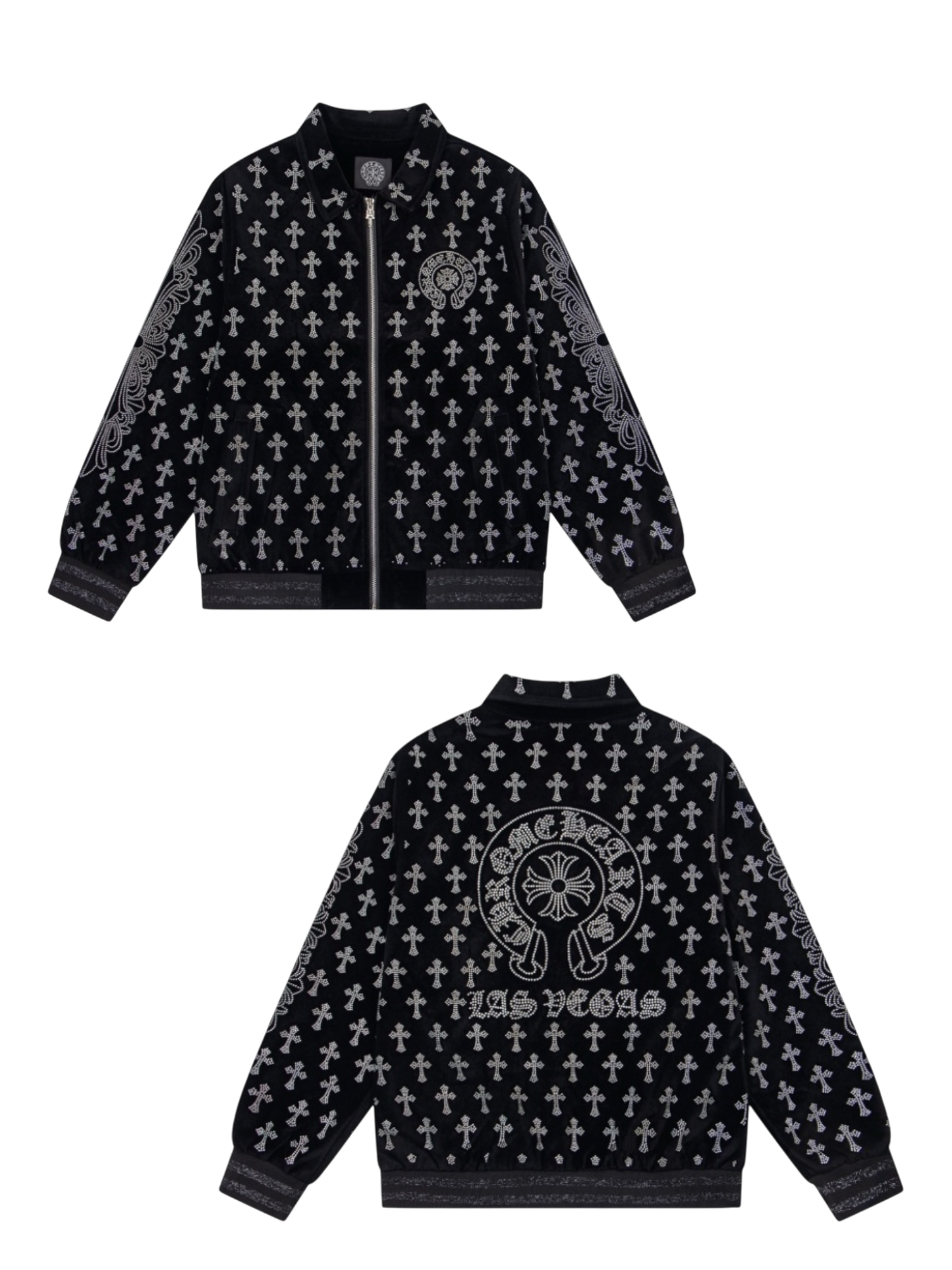 CHROME HEARTS CH 2026FW FULL LOGO STRASS EMBELLISHED VELOUR BASEBALL JACKET– 1:1 HIGH END