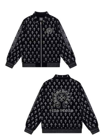 CHROME HEARTS CH 2026FW FULL LOGO STRASS EMBELLISHED VELOUR BASEBALL JACKET– 1:1 HIGH END