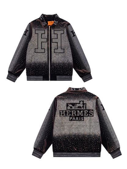 HERMES 2026FW ICONIC H LOGO STRASS EMBELLISHED VELOUR BASEBALL JACKET– 1:1 HIGH END