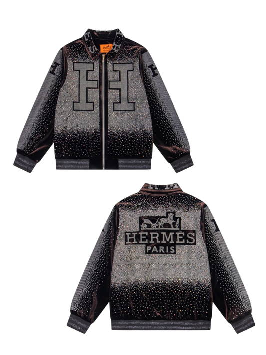 HERMES 2026FW ICONIC H LOGO STRASS EMBELLISHED VELOUR BASEBALL JACKET– 1:1 HIGH END