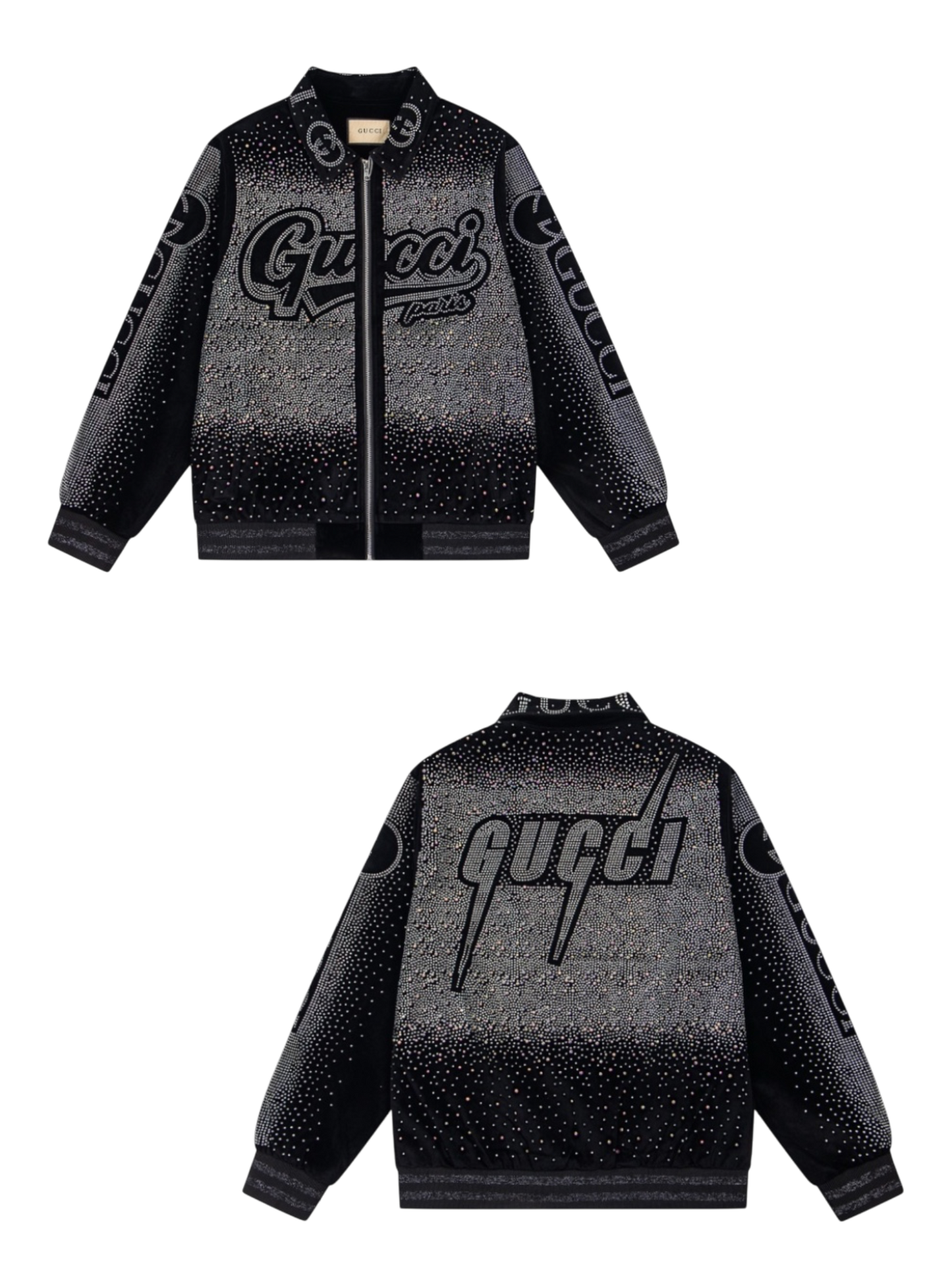 GUCCI 2026FW RETRO LOGO PARIS STRASS EMBELLISHED VELOUR BASEBALL JACKET – 1:1 HIGH END